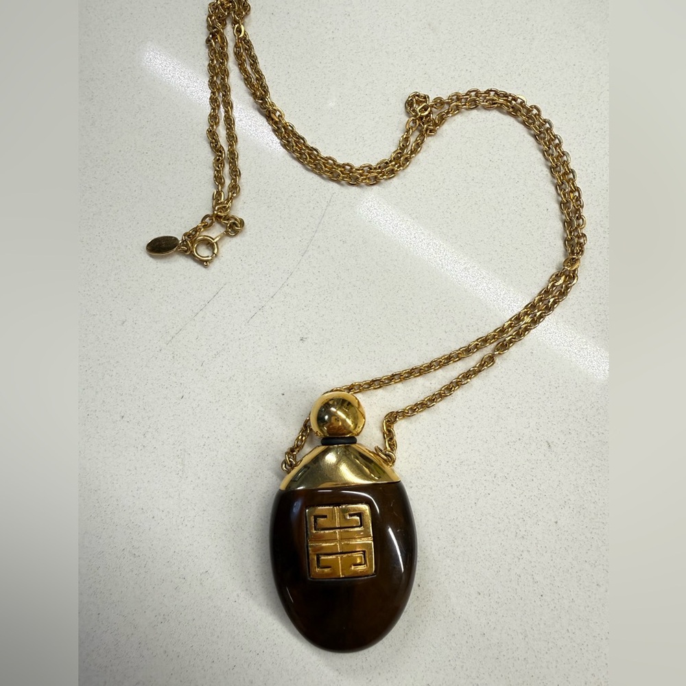 Givenchy Gold and Brown Oval Perfume Bottle Pendant Necklace